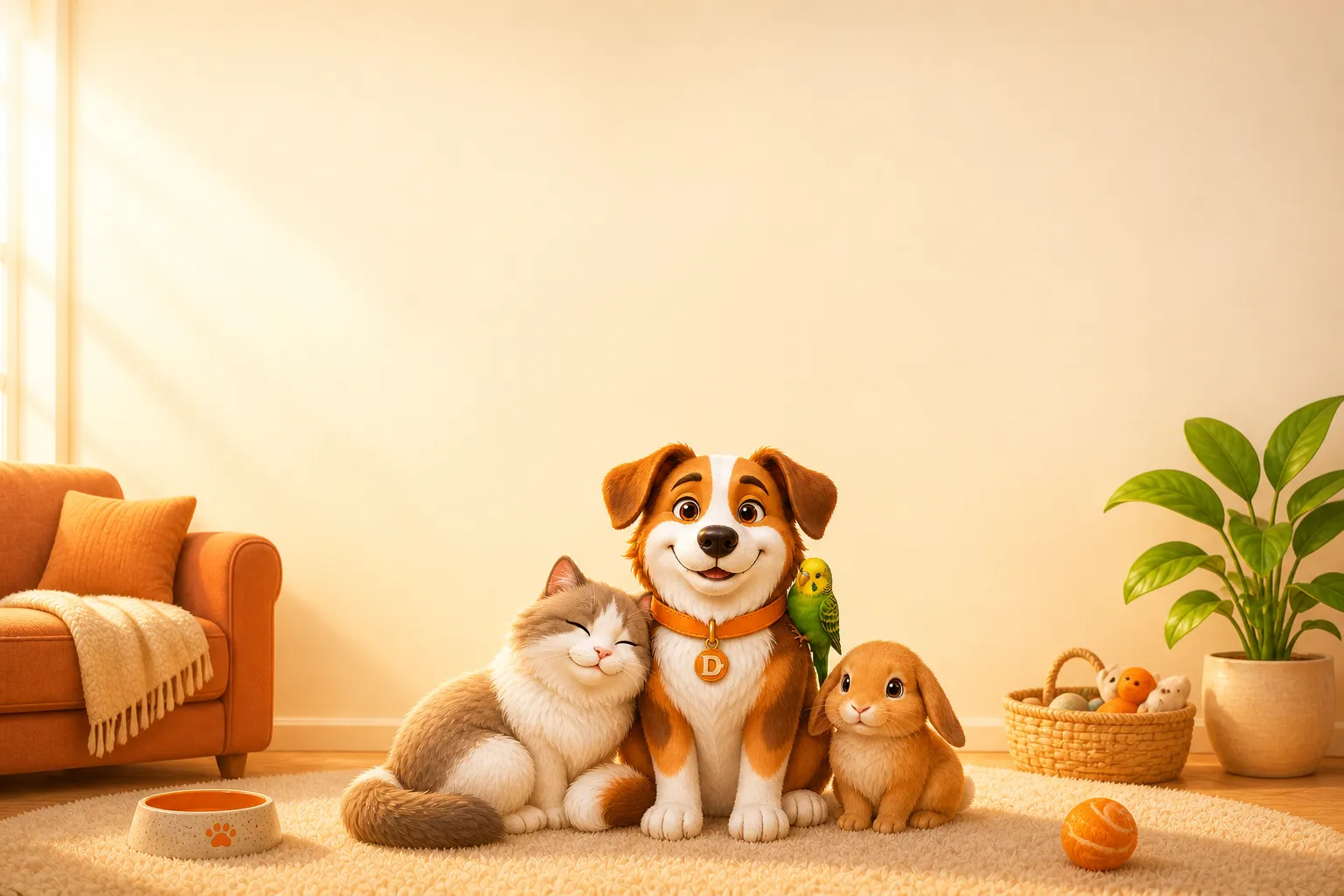 Dana the mascot dog at home with a cat, a rabbit, and a budgie — the whole household in one warm scene